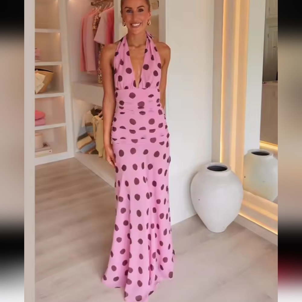 Polka Dot Printing Halter Maxi Dress WomenElegant Sleeveless Backless Skinny - Picture 2 of 10